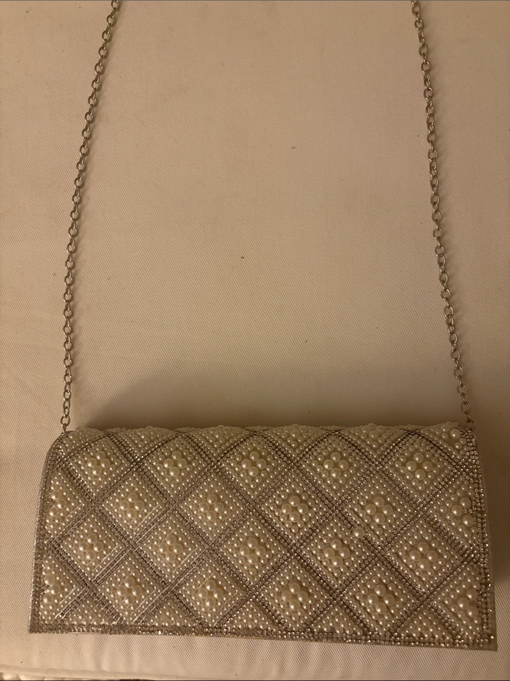 Pearl-Embellished Evening Cocktail Bag on chain-Silver Wedding,etc